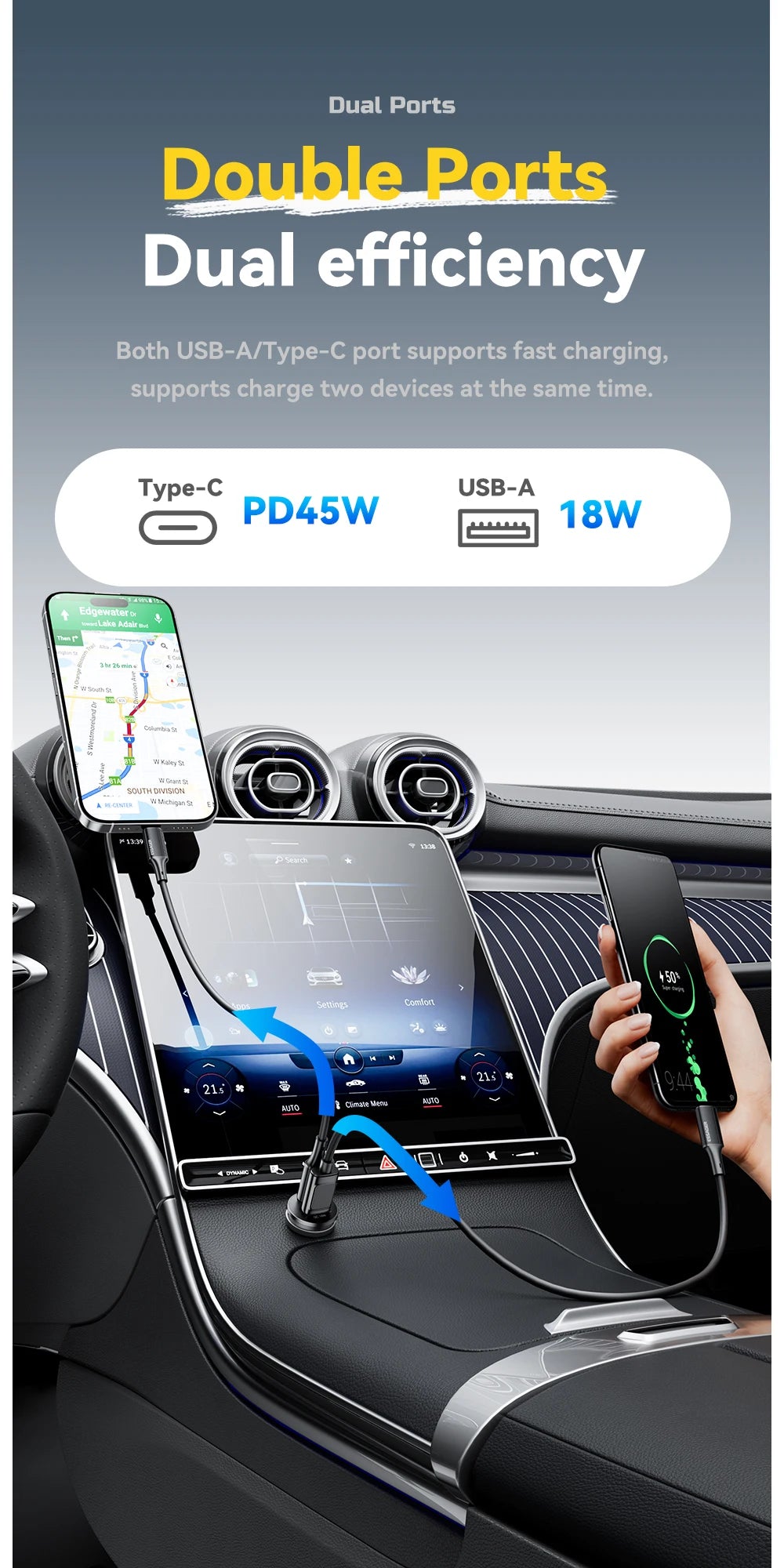 Essager 45W Car Charger Fast Charging Dual Port  PD QC3.0 Type-C Quick Charger for iPhone 16 15 14 Samsung Xiaomi Huawei Oppo