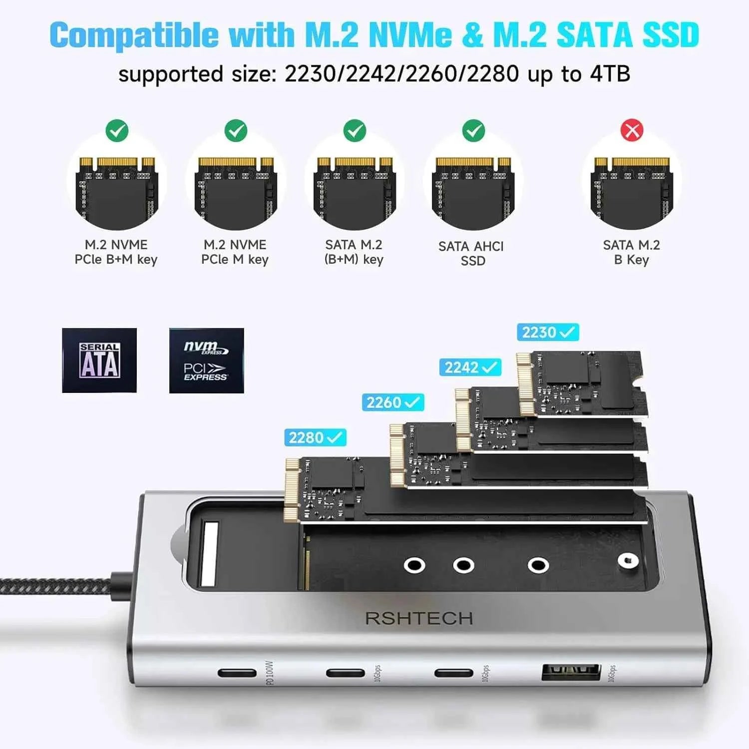 RSHTECH M.2 NVMe/SATA SSD Enclosure 5-in-1 Aluminum 10Gbps USB C Hub with 3 USB 3.2 Data Ports 100W Power Delivery and M2 SSD Docking Station External USB-C to M.2 Caddy for Laptops MacBook