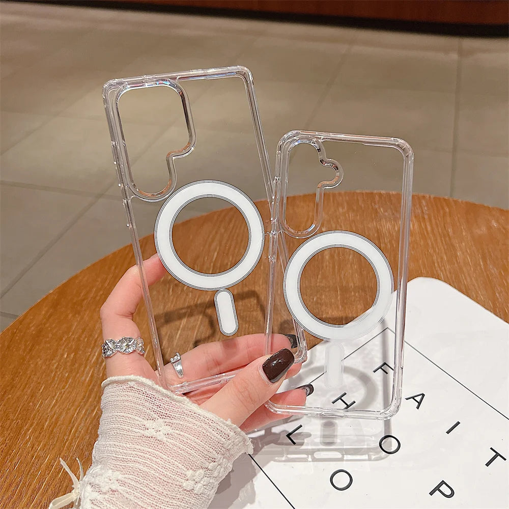 Magnetic charging phone case for Samsung S22 to 25 A14 15 16 35 36 54 56, transparent acrylic ultra-thin protective case