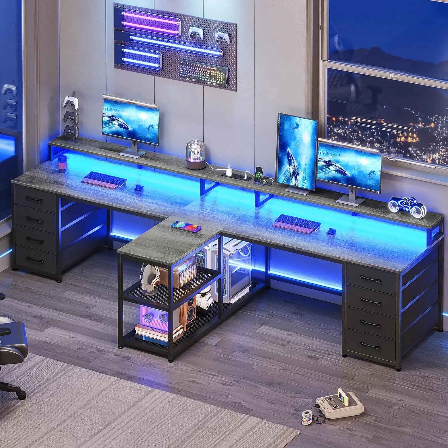 94.5in Double Gaming Desk 8 Drawer LED Storage Power Strip Monitor Stand Home Office , Custom