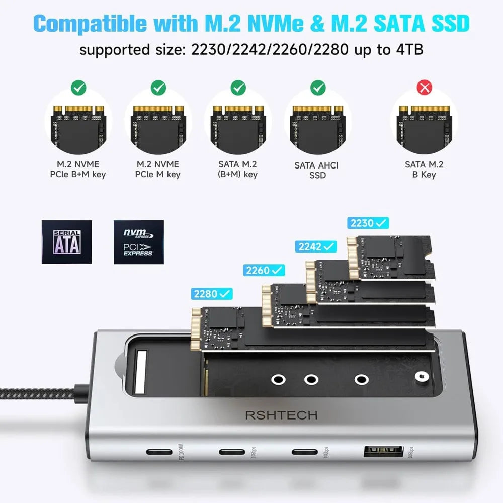 RSHTECH M.2 NVMe/SATA SSD Enclosure 5-in-1 Aluminum 10Gbps USB C Hub with 3 USB 3.2 Data Ports 100W Power Delivery and M2 SSD Docking Station External USB-C to M.2 Caddy for Laptops MacBook