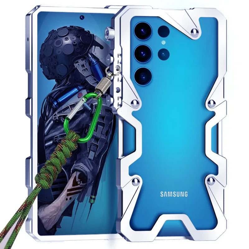 Luxury Armor Metal Aluminum Phone Bumper For Samsung Galaxy S26 S25 S24 Ultra + FE Cover Mechanical Purely Handmade Skull Case