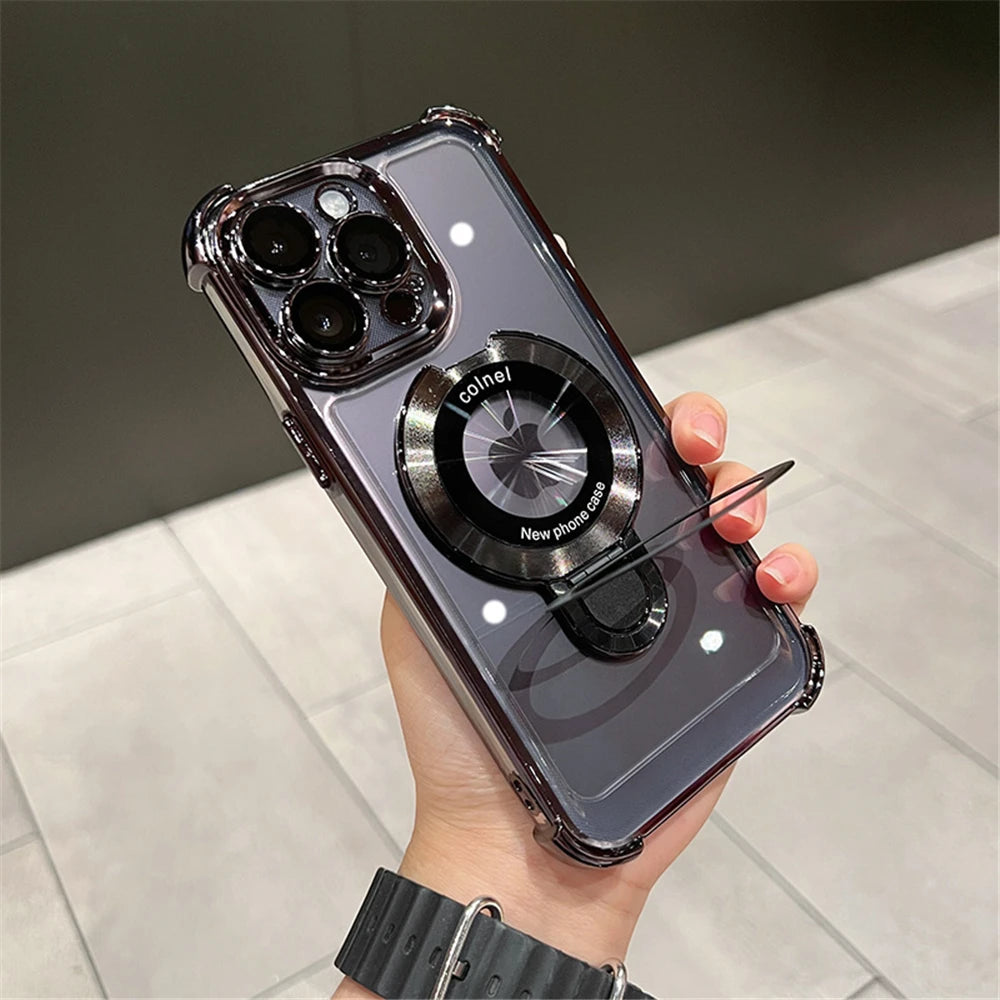 Luxury Plating Shockproof Magnetic Bracket For Magsafe Clear Case For iPhone 17 15 16 14 13 12 11Pro Max With Holder Stand Cover