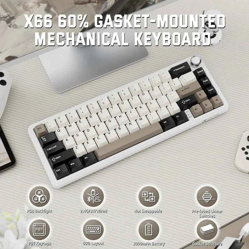 ATTACK SHARK X66 Wireless Mechanical Keyboard with Side Printed PBT Keycaps BT & 2.4G Wireless & Type -C Wired Hot-swap 16 Milli