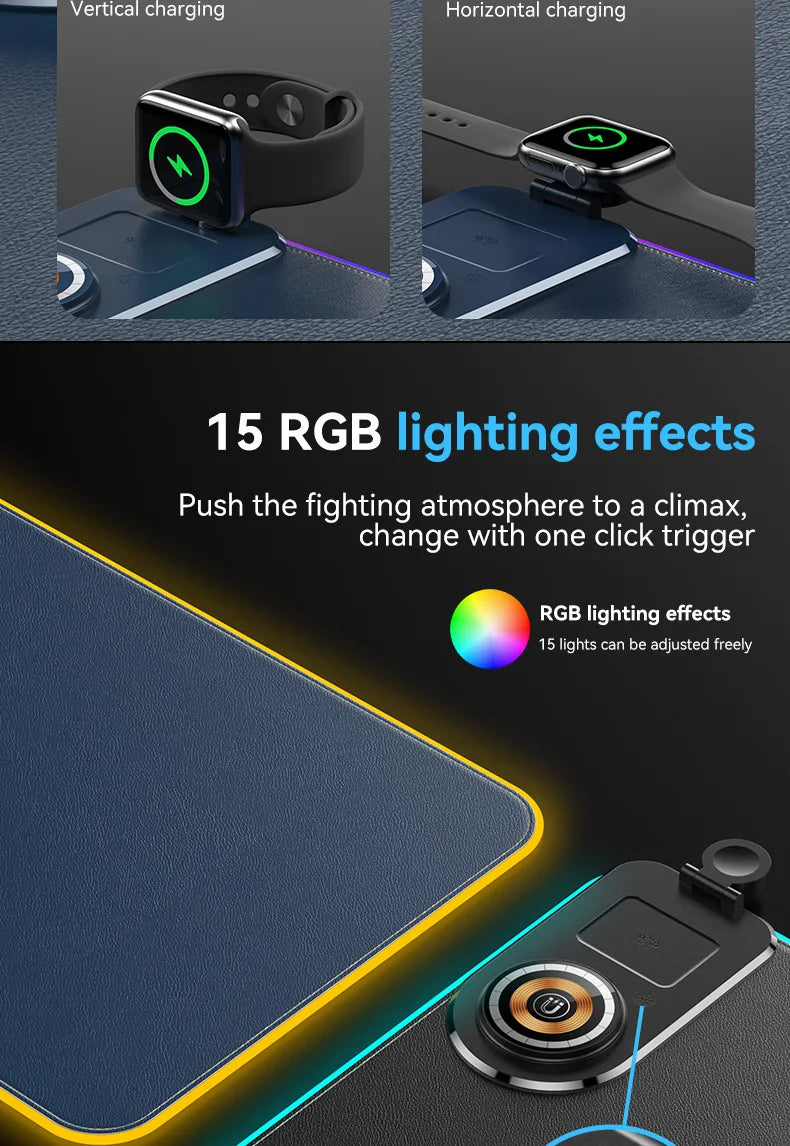 15W 3 in 1 Wireless Charging Mouse Pad Customized Desk Pad Fantasy Glowing Game Pad Rubber Cloth Mouse Pad Super Large Mat