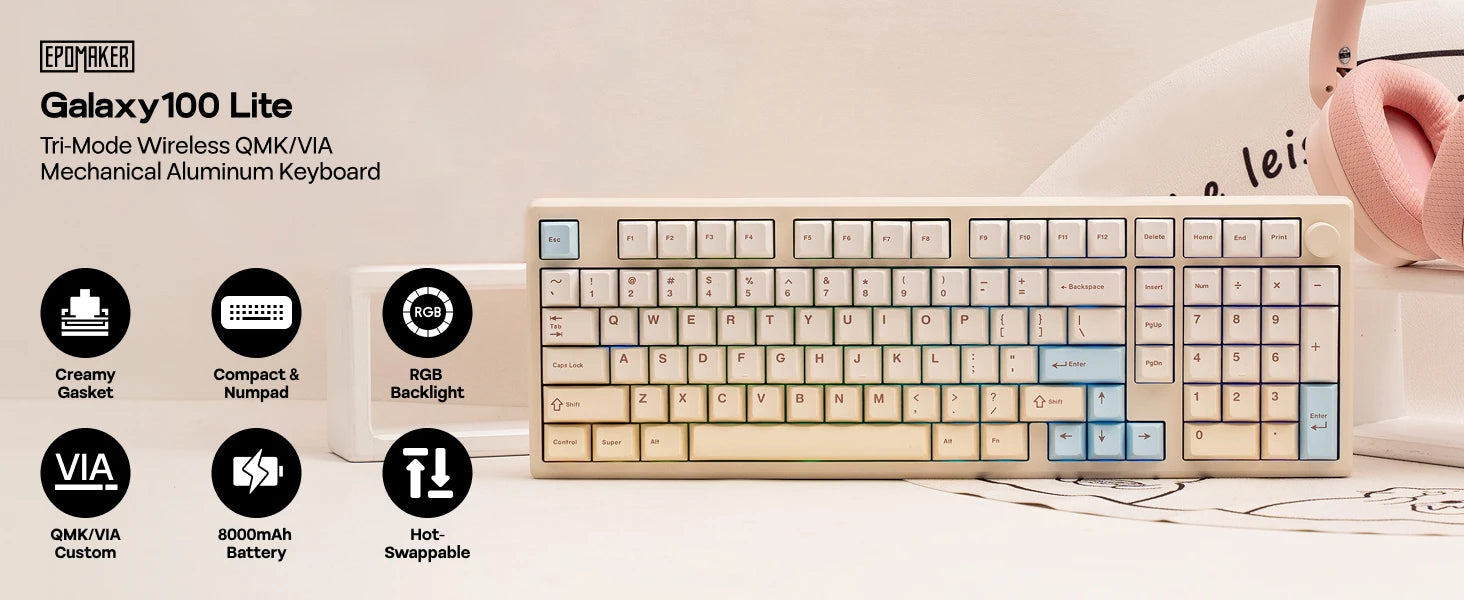EPOMAKER Galaxy100 Lite QMK/VIA 96% ANSI US Layout Wired/2.4GHz/BT Wireless 1800 Aluminum Mechanical Keyboard 8000mAh Battery