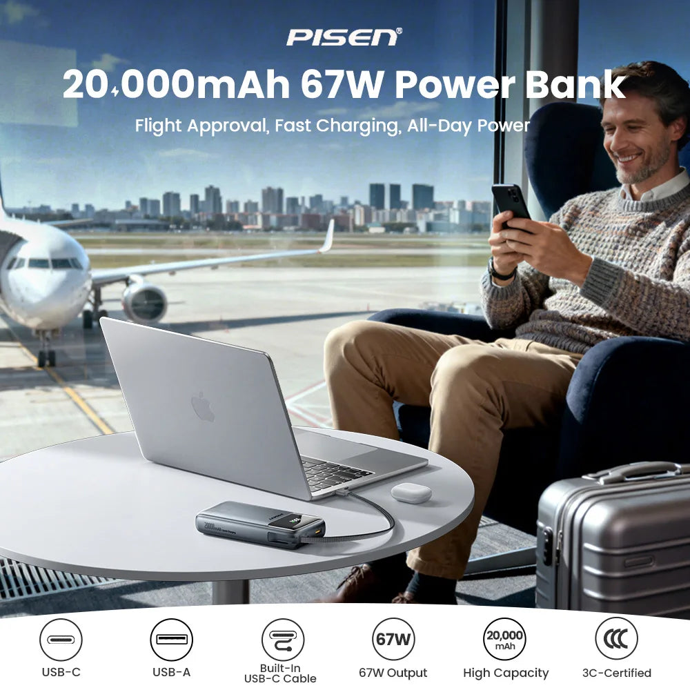 PISEN 20000mAh 67W Power Bank With Fast Charging Cable CCC External Battery For 65W Laptops/ 45W Samsung Phones/ iPhone & iPad