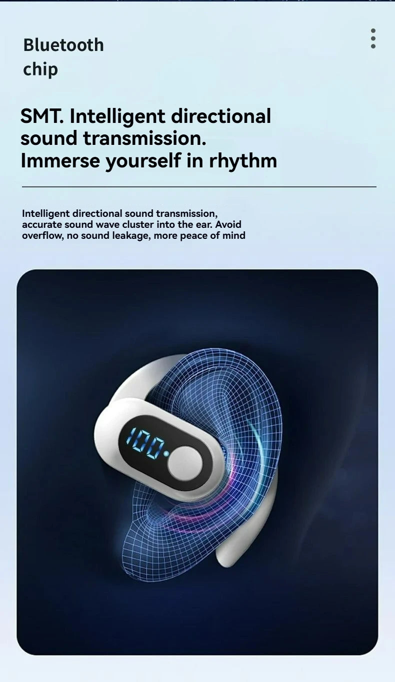 Wireless Bluetooth 5.3 Bone Conduction Headphones Open Ear Earbuds, Sports Ear Hook Headset with LED Power Display, Touch Contro