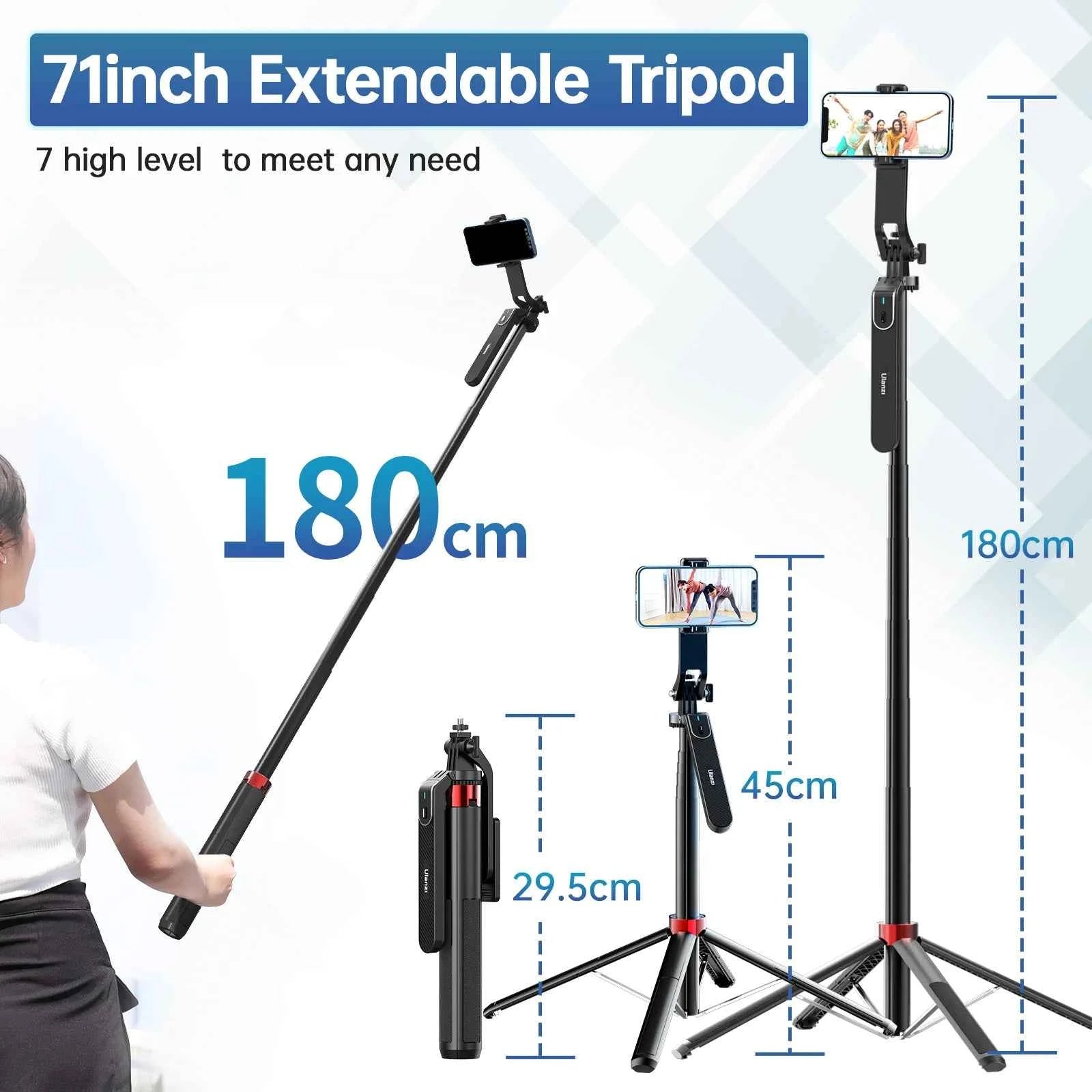 Ulanzi MA09 1.8m Selfie Stick Tripod for iPhone 17 15 Android Phone with Remote Control Panoramic Ball Head Holder U200 VL49 Kit