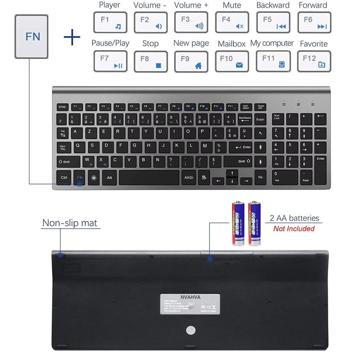 Wireless French Keyboard and Mouse Combo AZERTY Layout 2.4G USB Silent Ultra-Thin Compact Scissor for PC Laptop Desktop Windows