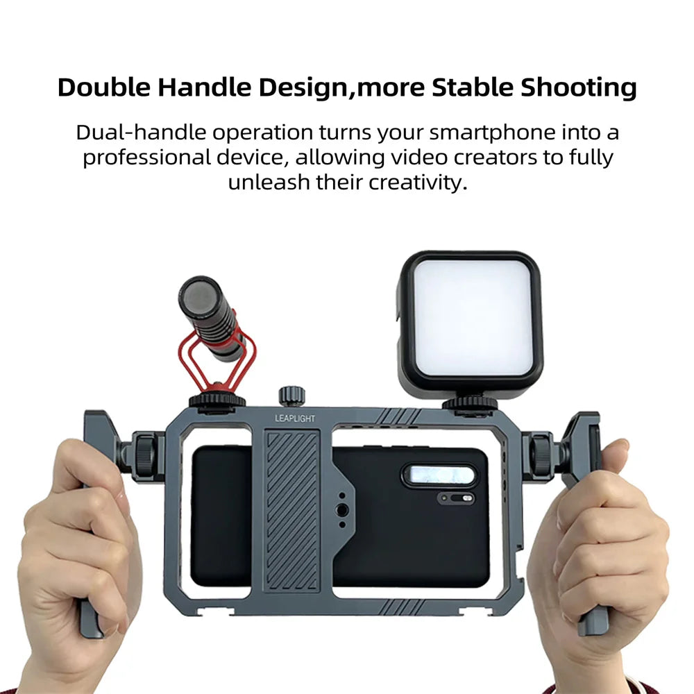 Universal Metal Phone Cage Smart Stabilizer w Handgrip Phone Holder for Iphone 15 14 13 Andriod Mic Led Light Filmmaking Video