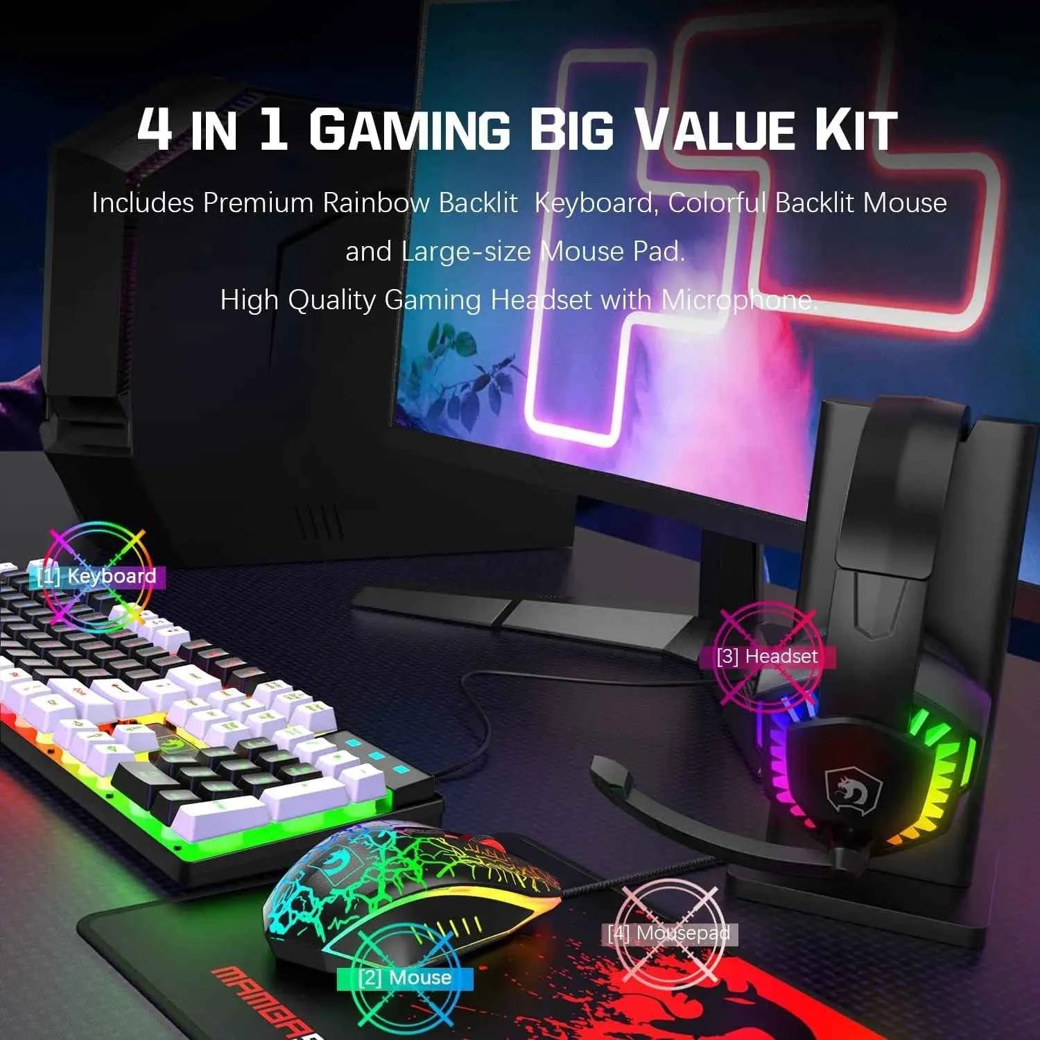 MANBASNAKE T11 Gaming Combo: Wired Keyboard, Mouse, and Rainbow LED Backlit Headset