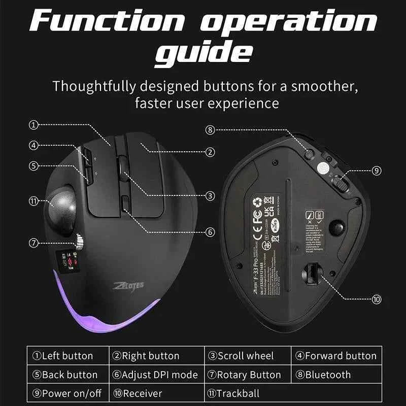 Tri-mode Wireless Trackball Mouse 8 Programmable Buttons Multifunctional Ergonomic Mice RGB Backlit Mouse with Display Screen
