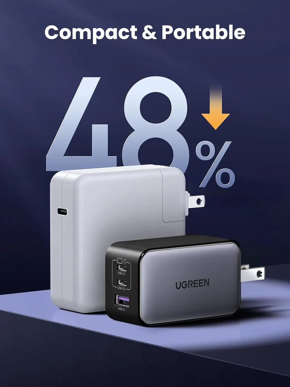 65W GaN USB C Wall Charger, 3-Port Compact Foldable Fast Charger for iPhone, Galaxy, Pixel, MacBook, iPad Pro (Black)