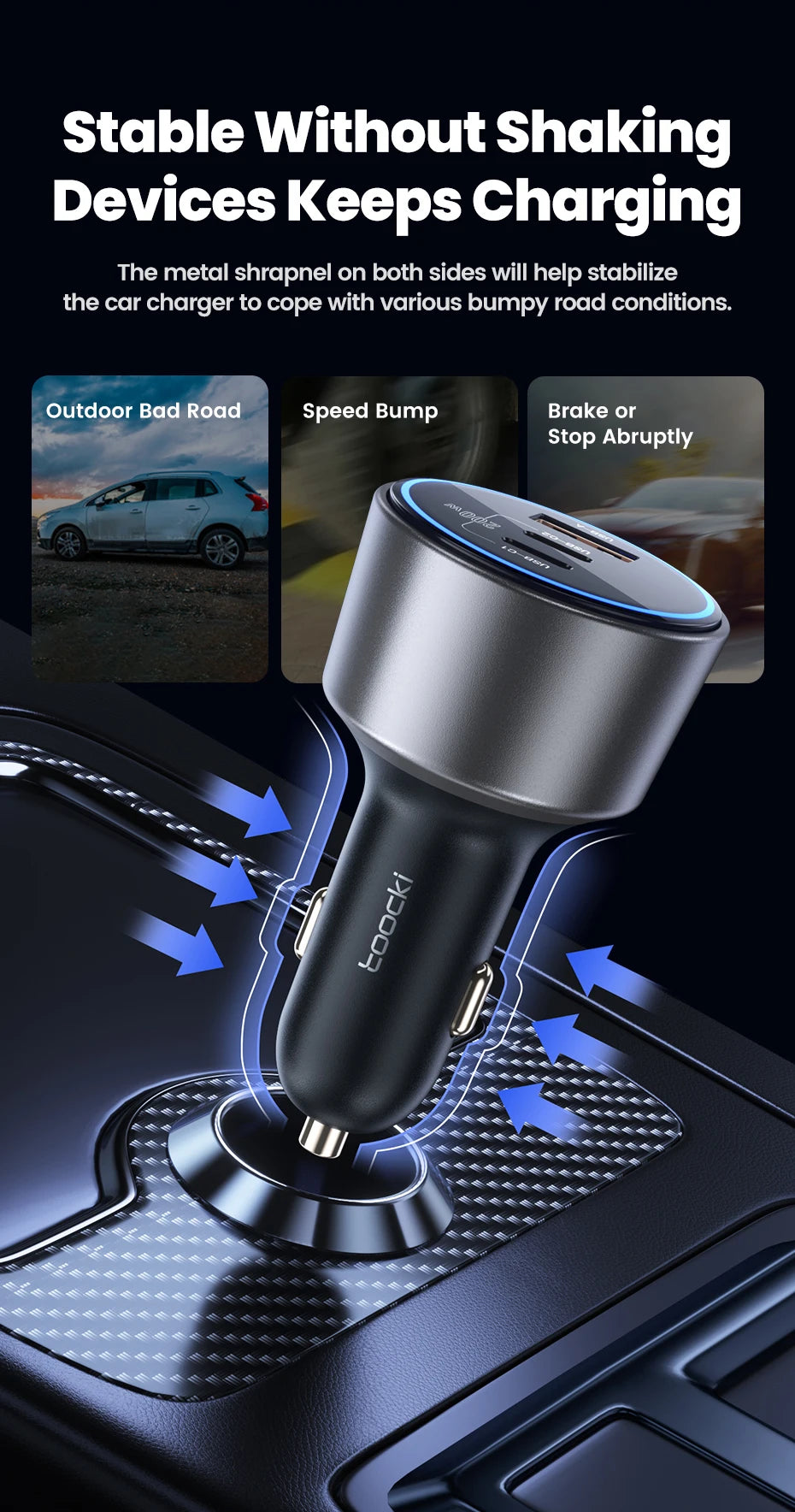 Toocki 200W Car Charger USB Type C QC 4.0 PPS 45W PD 100W Fast Charging USB C Car Phone Charger for iPhone 16 15 Samsung Macbook