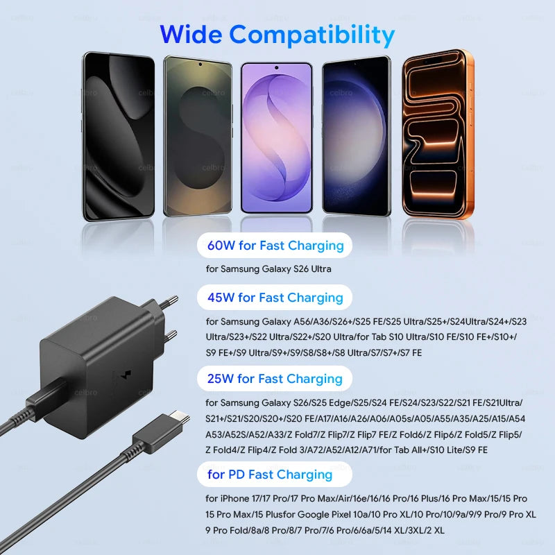 Samsung S26 Ultra original 60W Charger PD Type C Adapter EU Plug Fast Charge Samsung S25+ S25 S24 S23 S22 Ultra A57 Tab S10 S9