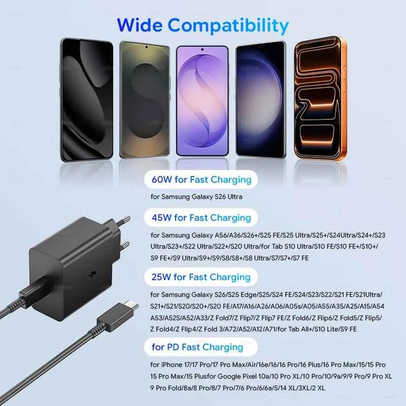 Samsung S26 Ultra original 60W Charger PD Type C Adapter EU Plug Fast Charge Samsung S25+ S25 S24 S23 S22 Ultra A57 Tab S10 S9