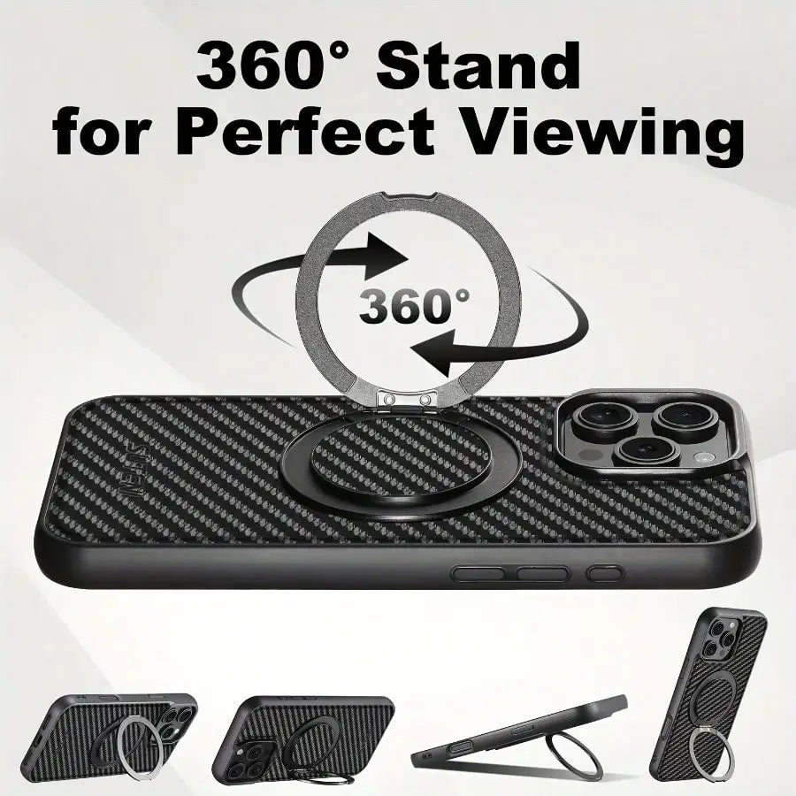 Carbon Fiber 360° Rotating Magnetic Phone Case Compatible with iPhone 17, Air, 16, 15, 14, 13 Pro Max, and Plus models