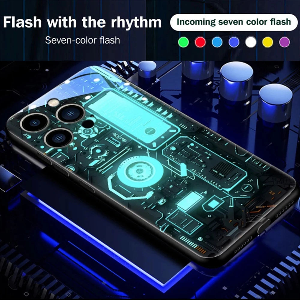 Luxury Blue Chip Pattern Luminous Glass LED Call Light Up Flash Phone Case Cover For iPhone Air 17 16 E 15 14 13 12 Pro Max Plus