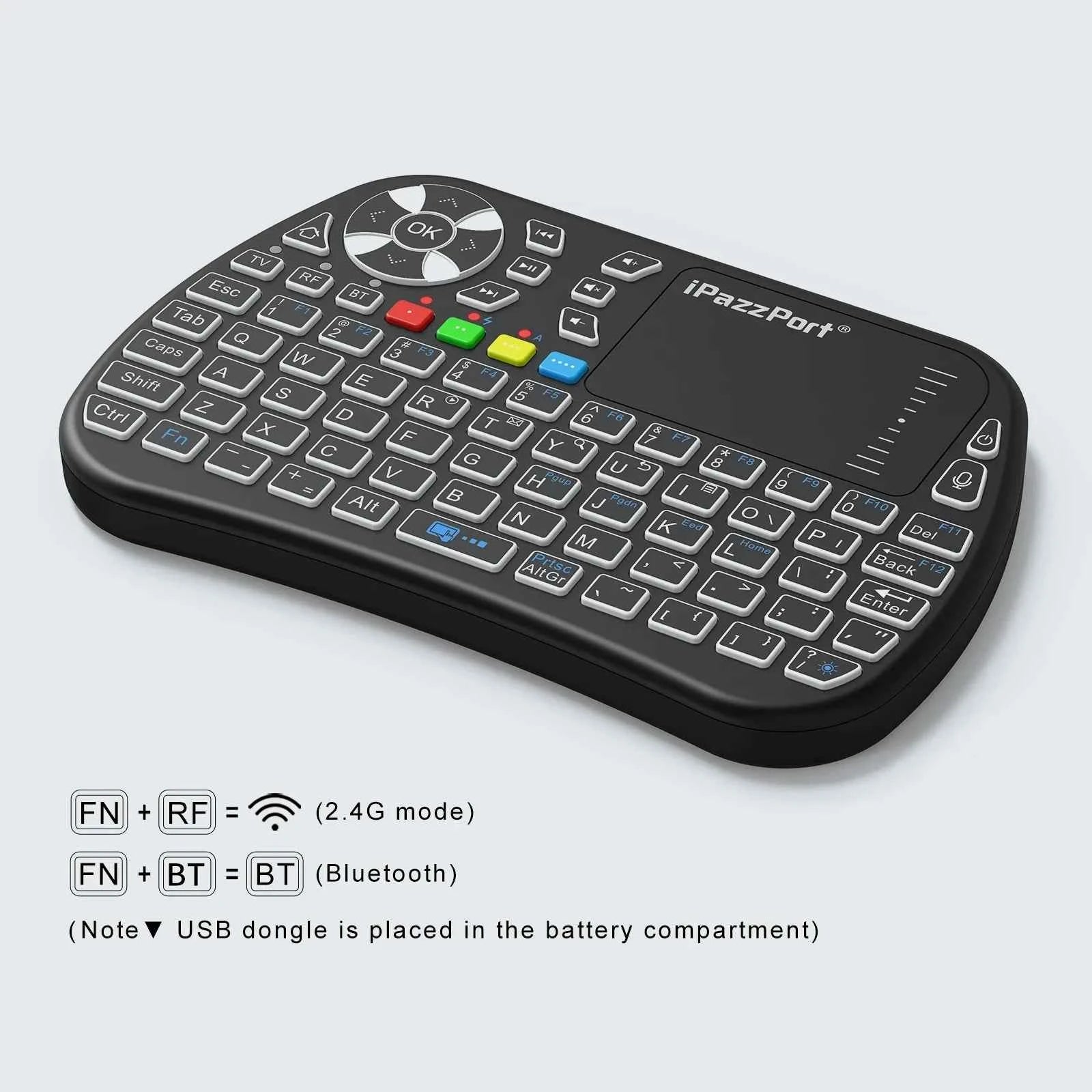 iPazzPort Bluetooth mini Keyboard with Touchpad,2.4Ghz , Backlight, Rechargeable, Compatible with Smart TV, Android TV Box, PC