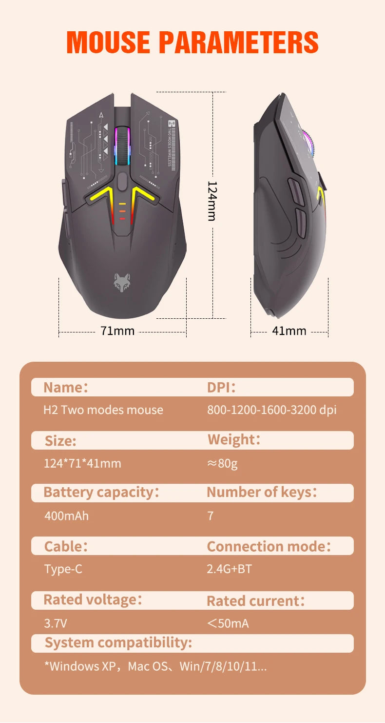 H2 Mouse, lightweight S205, three-mode wireless Bluetooth mouse for gaming, charging, RGB lighting, suitable for