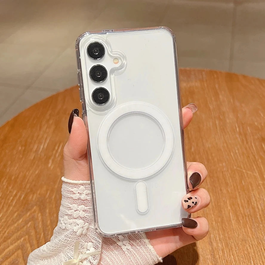 Magnetic charging phone case for Samsung S22 to 25 A14 15 16 35 36 54 56, transparent acrylic ultra-thin protective case