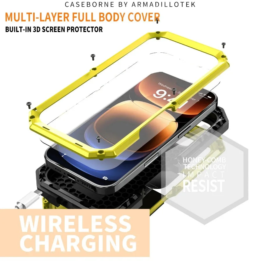 Rugged Metal Phone Case For iPhone Air 17 16e 16 Pro Max Heavy Military Shockproof Shell Slide Camera Cover Screen Protect