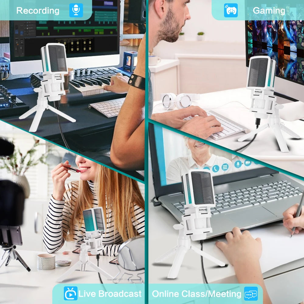 Zealsound RGB USB Gaming Microphone with Articulated Arm, White Computer Condenser Mic For PC/Mac, Recording Podcasting Streaming - WinSupport Tech