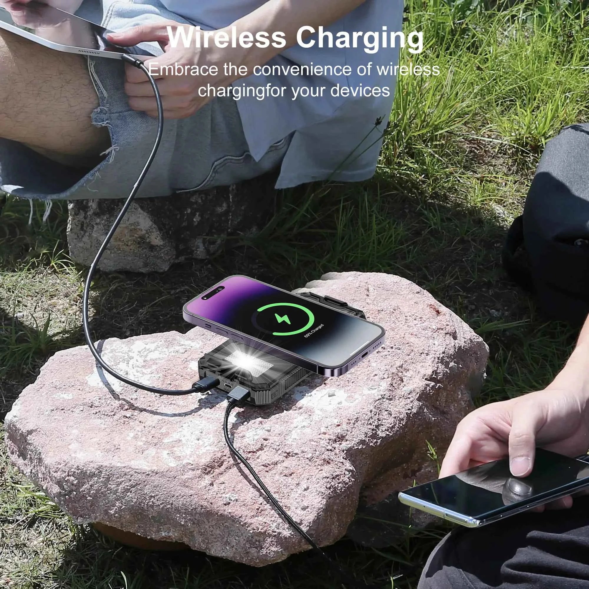 Solar Power Bank Wireless Charger 20,000mAh,Portable Solar Powered USB C Input/Output with Camping Flashlight for Cell Phone