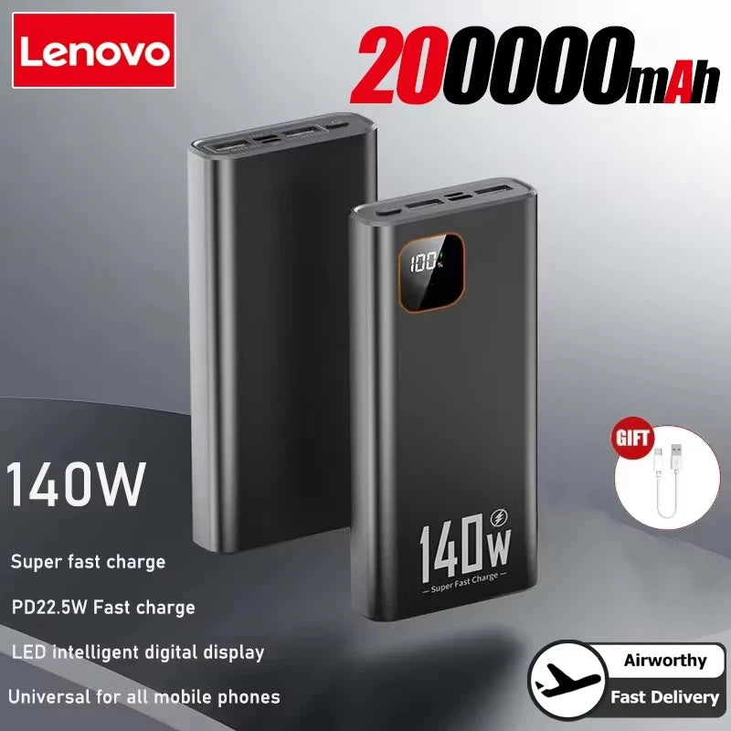Lenovo 200000mAh 140W Ultra Capacity Power Bank Super Fast Charge Portable Battery Charger For IPhone Samsung 2026 New