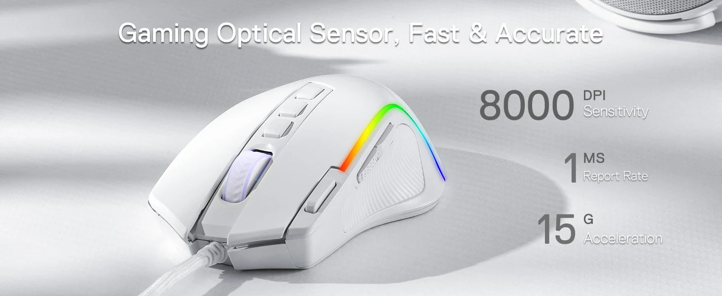 Redragon M612 Predator RGB Gaming Mouse 8000 DPI Wired Optical with 11 Programmable Buttons, White