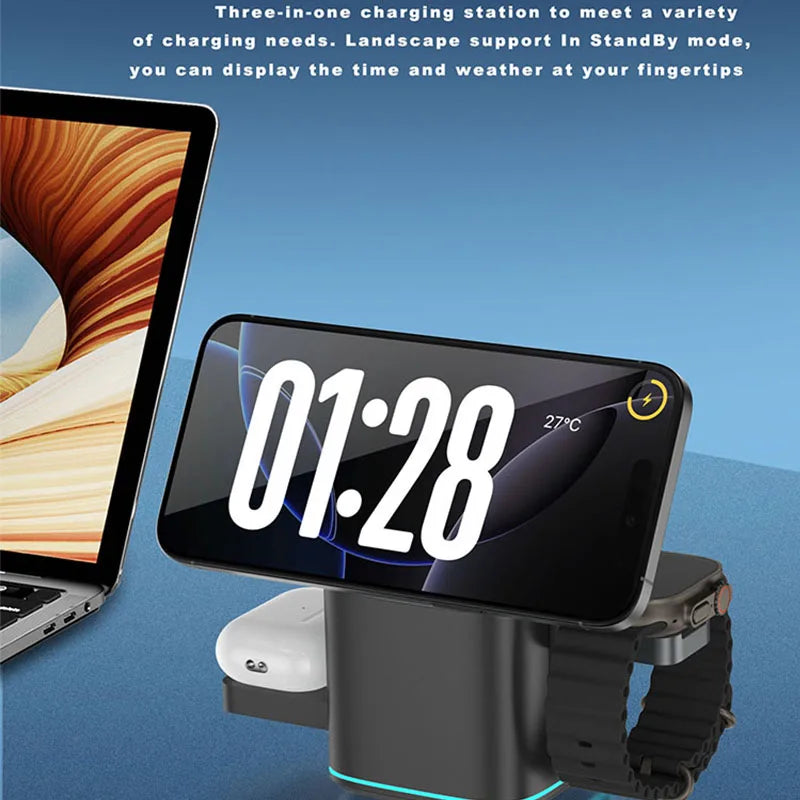 Qi2 15W 3-in-1 Magnetic Wireless Charger Stand Fast Charging For iPhone 14 15 16 17/AirPods Charger Touch Auto Rotation