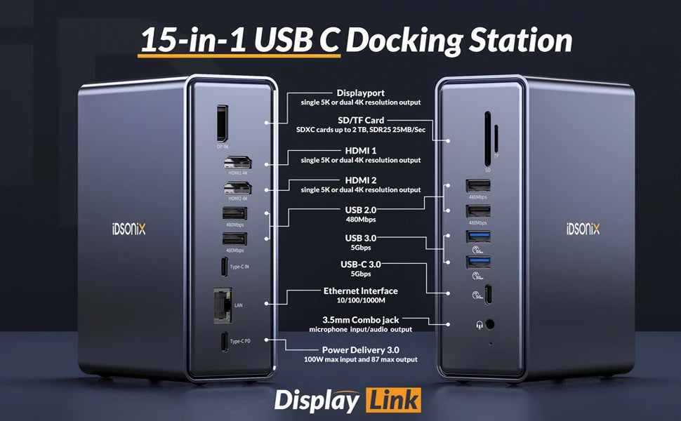 iDsonix Type C USB 3.0 HUB 15 in 1 Docking Station Multiport Adapter with HDMI 4K@60Hz PD100W Gigabit Ethernet SD/TF Card Reader