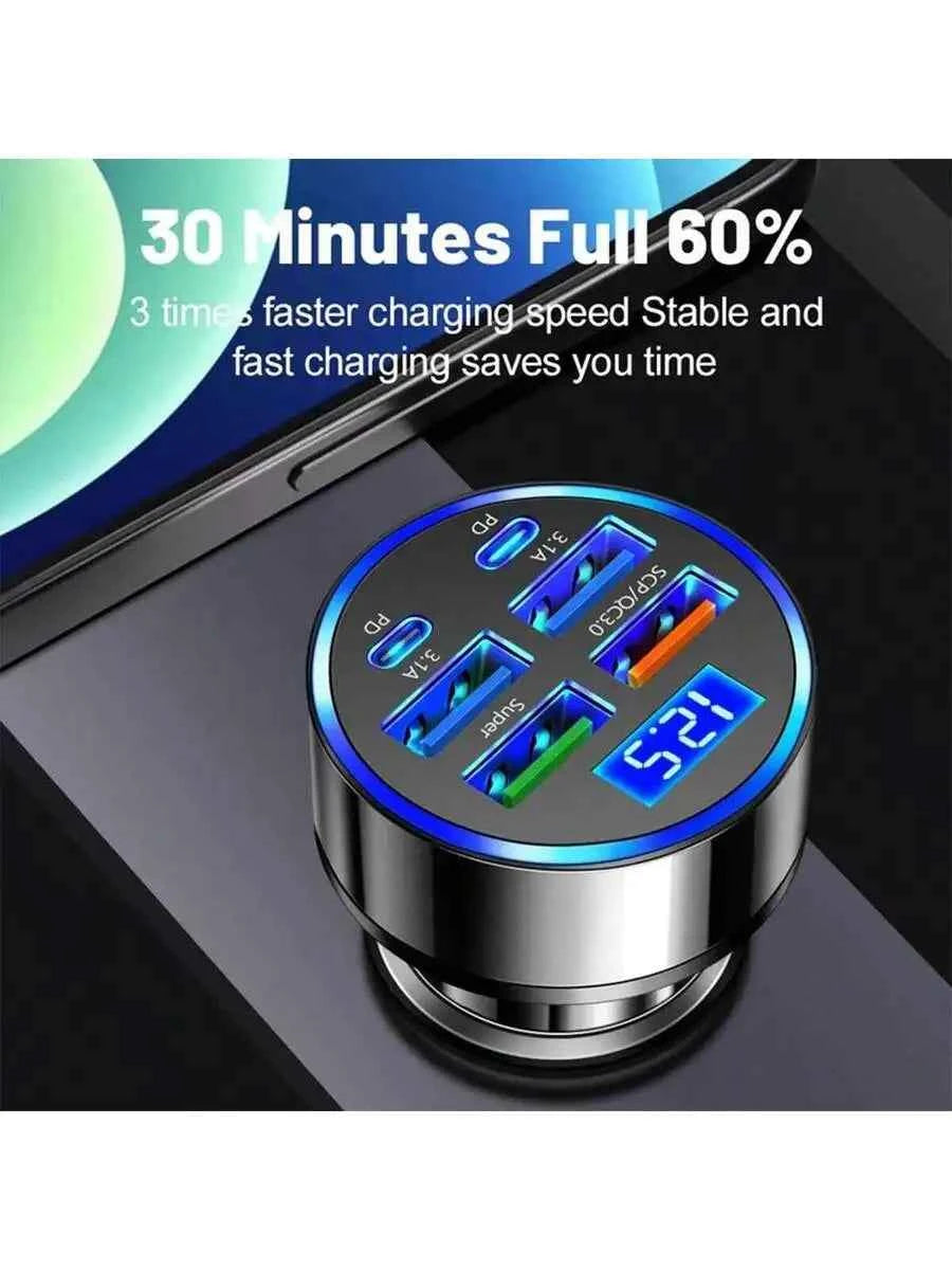 6-In-1 Car Charger With Intelligent Chip 2PD+3USB+QC3.0 Fast Charging For iPhone Android iPad Pro