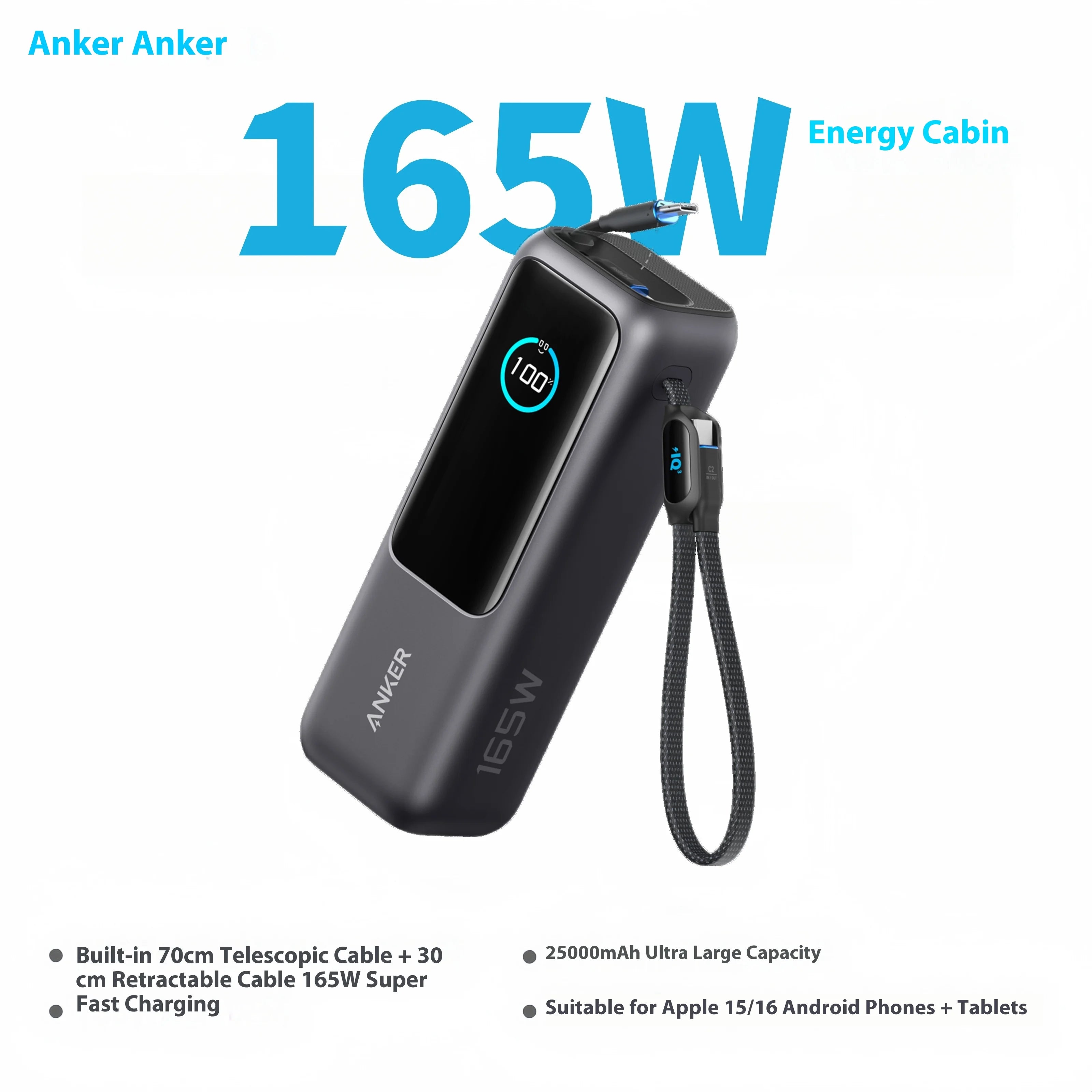 NEW Anker 165W Max Power Bank 25000mAh High Capacity Retractable Cables Fast Charge Mobile Phone Power Bank Gift Lightweight PC
