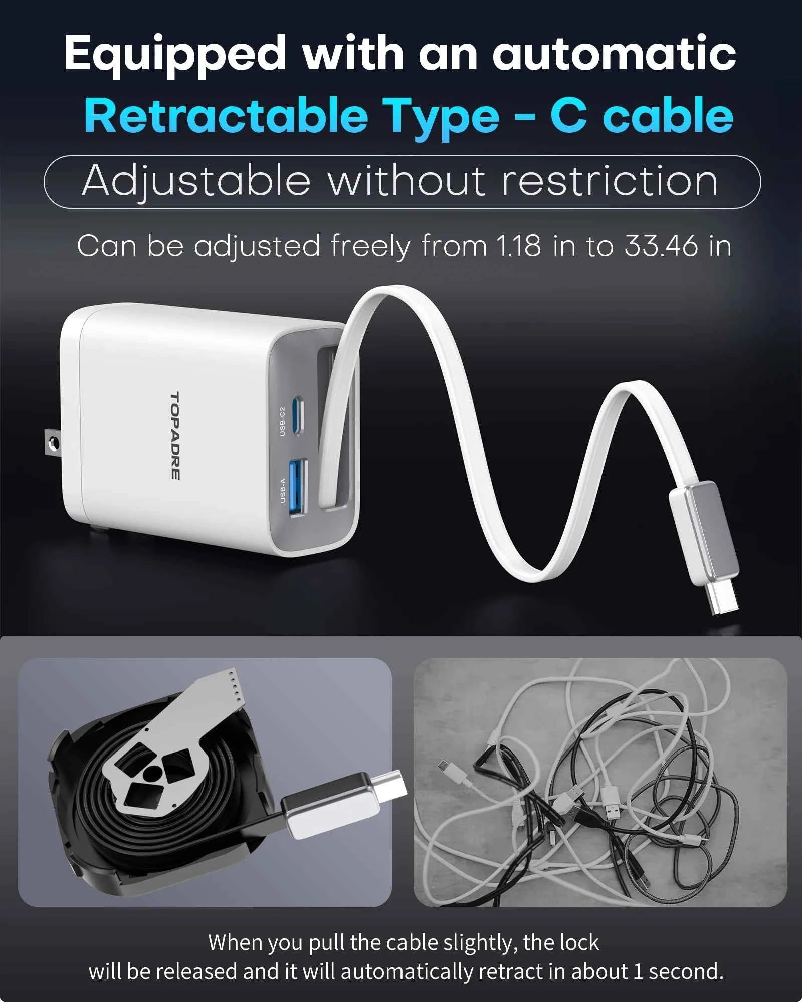 65W GaN Wall Charger with Retractable USB-C Cable, Dual-Port PD 3.0 & QC 4+ / 4.0 Fast Charging for iPhone, Galaxy, Pixel, iPad, Tablets, Nintendo Switch, AirPods
