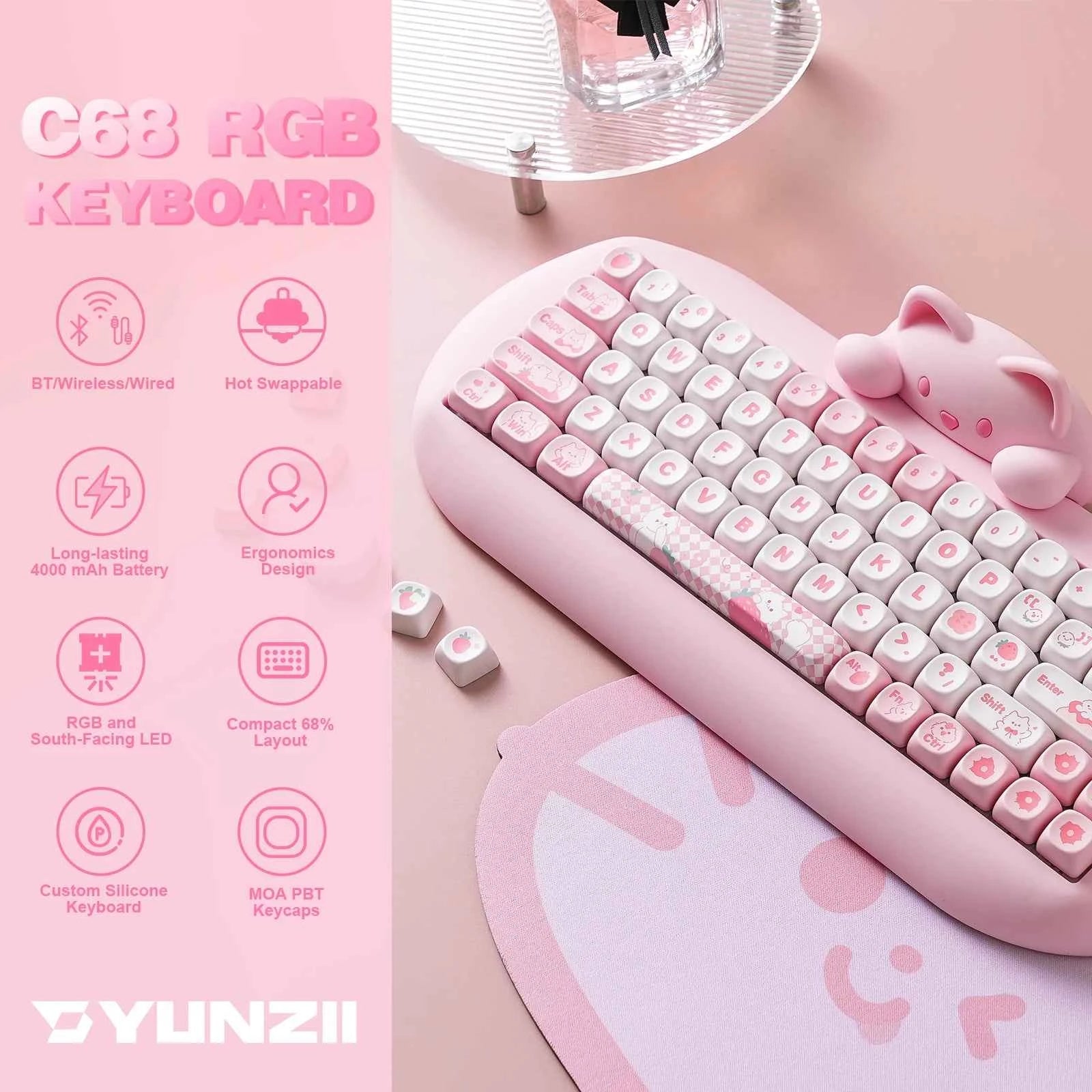 YUNZII C68 Wireless Gaming Keyboard, RGB Mechanical Keyboard, Silicone 65% Hot Swap Ergonomic Keyboard