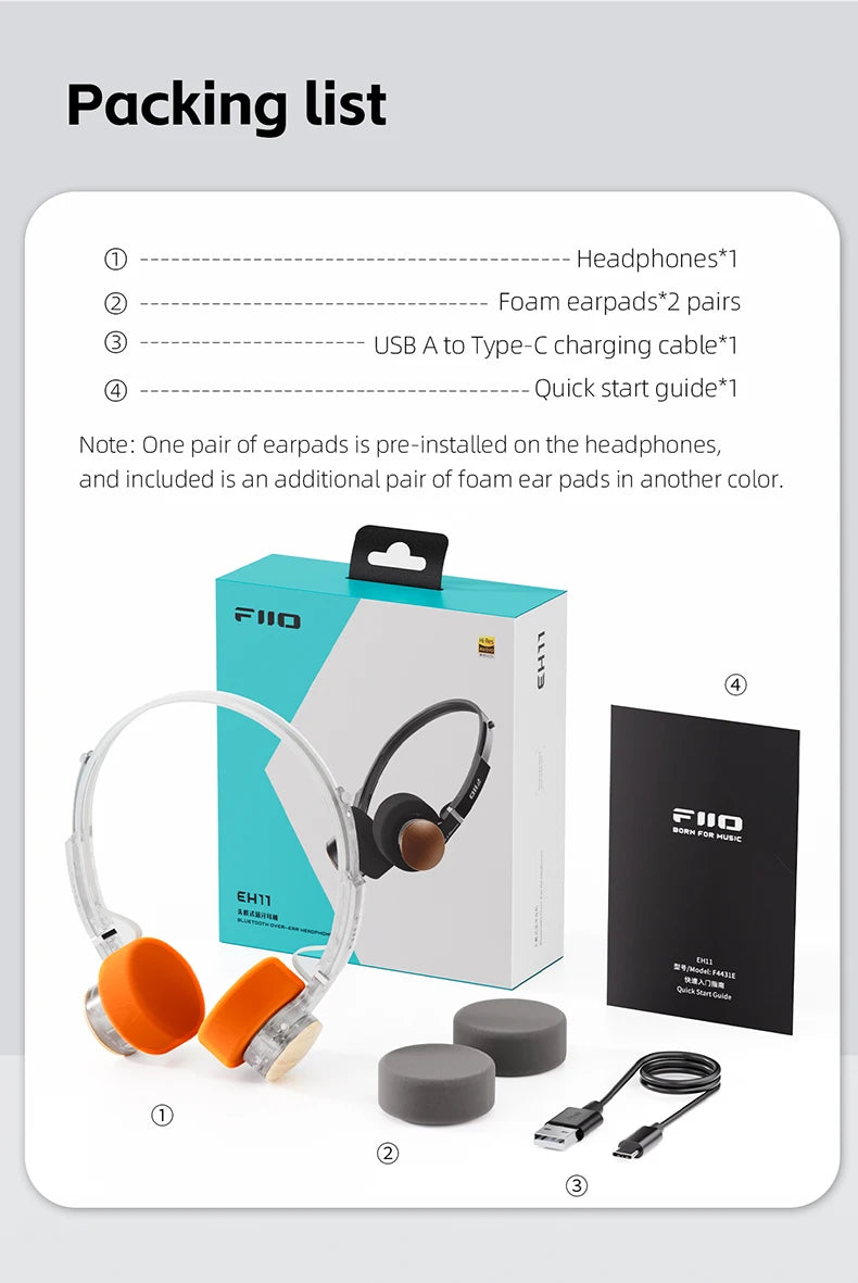 FIIO EH11 On-Ear Bluetooth Headphones, Powerful Bass & LDAC Hi-Res Audio, Lightweight Retro Design, 30H Battery, Dual Device & A
