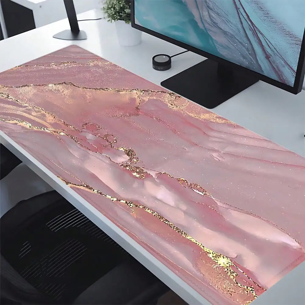 Pink Marble Pattern Gaming Mouse Pad, Gold Extended Desk Mat, Stitched Edge Design, Non-Slip Rubber Base, Suitable For Home Office Decor, Size 35.4x15.7 Inches