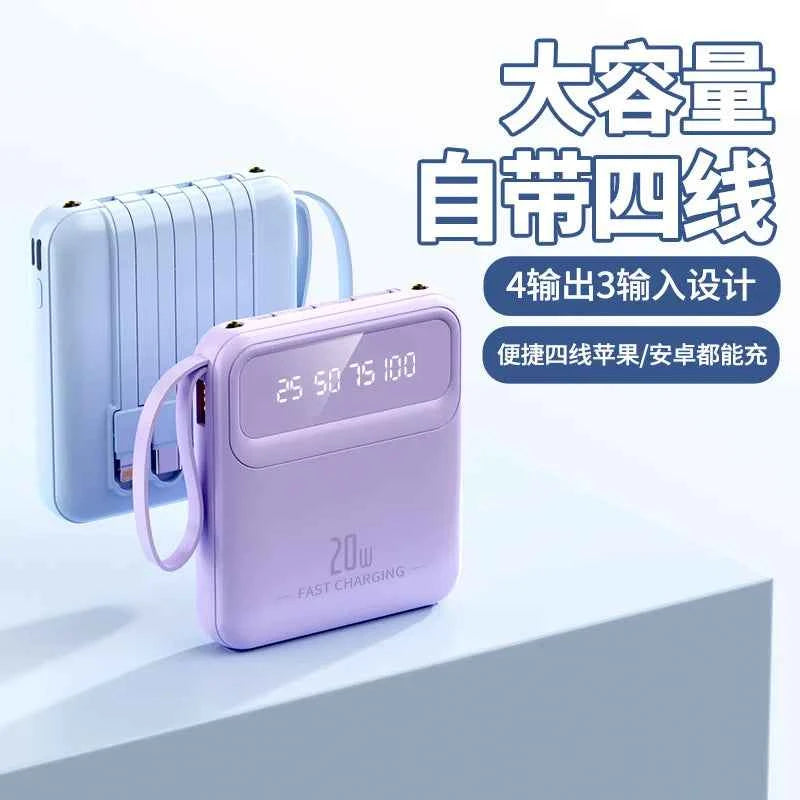 20000mAh 10000mAh Power Bank Built-in Cable Phone External Battery Powerbank Charger for Xiaomi Poco iPhone Samsung iPad