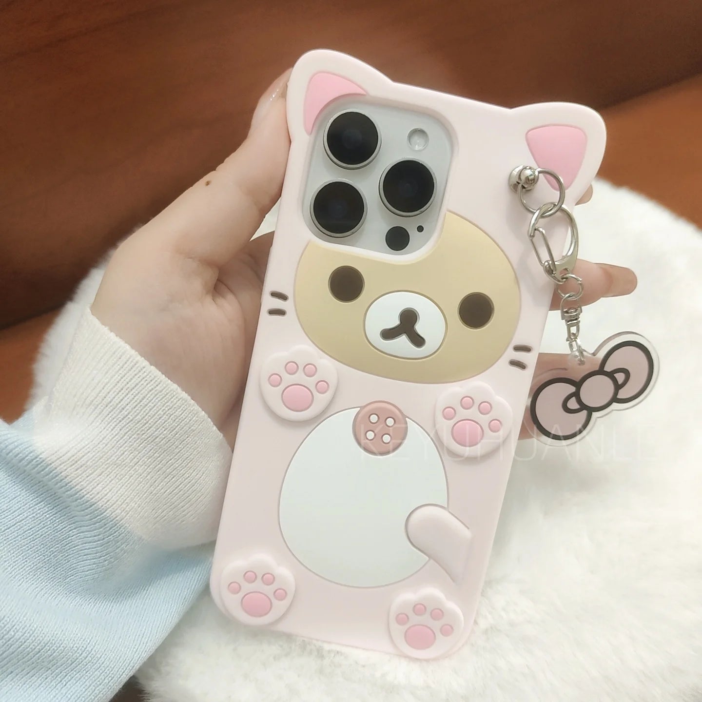 Cute Cartoon 3D Rilakkuma Phone Case For iPhone 17 16 15 14 13 12 11 Pro X XS Max XR 6 7 8 Plus 5 5S SE Key Chain Pendant Cover