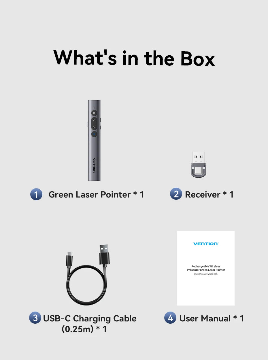 Vention Wireless Laser Pointer Presenter 100m 2.4Ghz USB C for MacBook Android Projector PPT Remote Control Presentation Pen