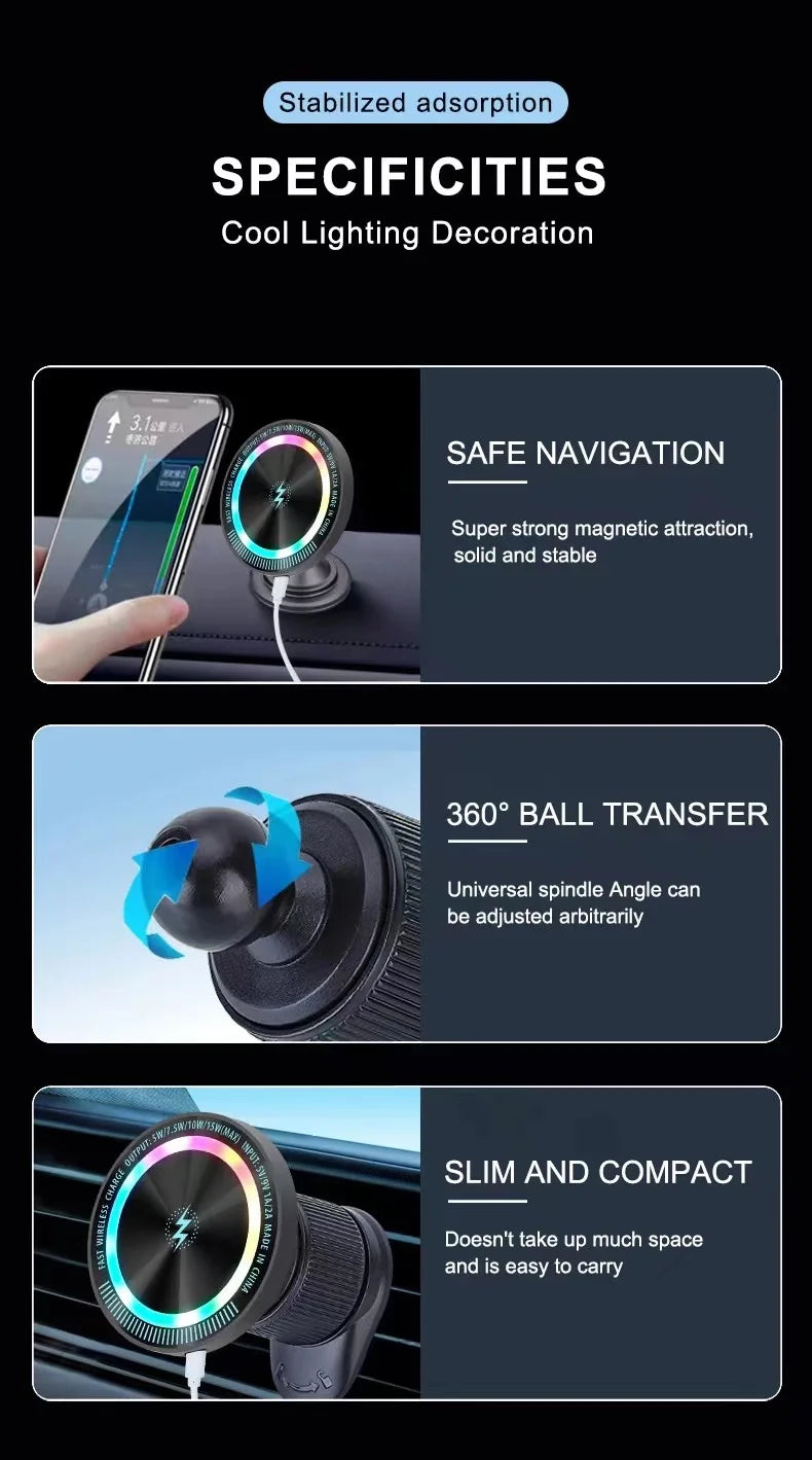 15W Magnetic Induction Charger Fast Vehicle Car Wireless Charging For Samsung iPhone 15 Magsafe Macsafe Stand Dashboard Mount