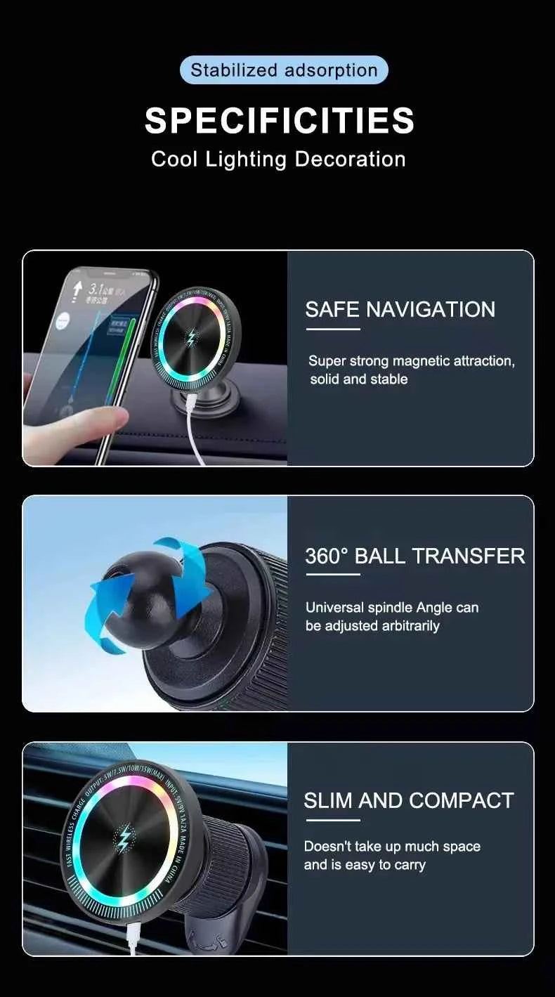 15W Magnetic Induction Charger Fast Vehicle Car Wireless Charging For Samsung iPhone 15 Magsafe Macsafe Stand Dashboard Mount