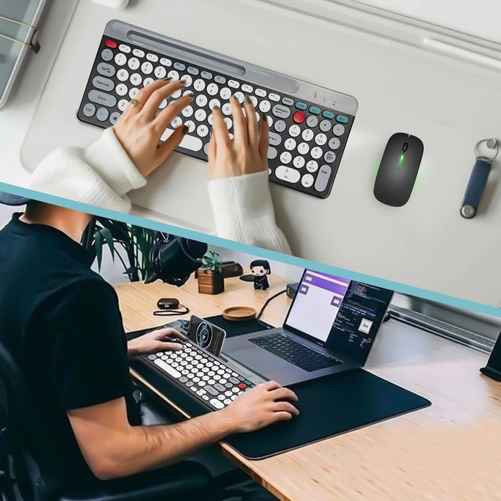 Dual Mode Wireless Keyboard And Mouse Set Vintage Punk Style Round Keycaps Rechargeable Suitable For Laptops Tablets And Desktop