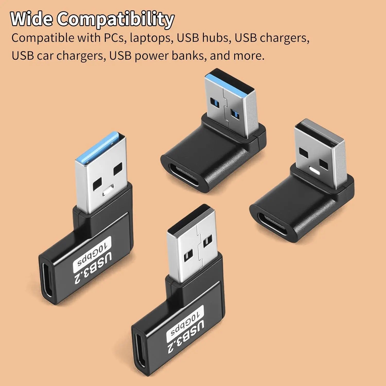 90 Degree USB to USB C Adapter (4 Pack), Up and Down Angle, Left and Right Angle A Male to Type C Female Extender Connector