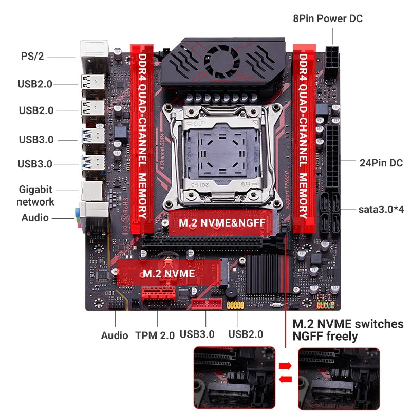Qiyida X99 motherboard kit LGA2011 3 Xeon E5 2680 V4 2*8GB 16GB DDR4 3200Mhz 4 channels NVME USB3.0 SATA3.0 TPM 2.0 Interface - WinSupport Tech