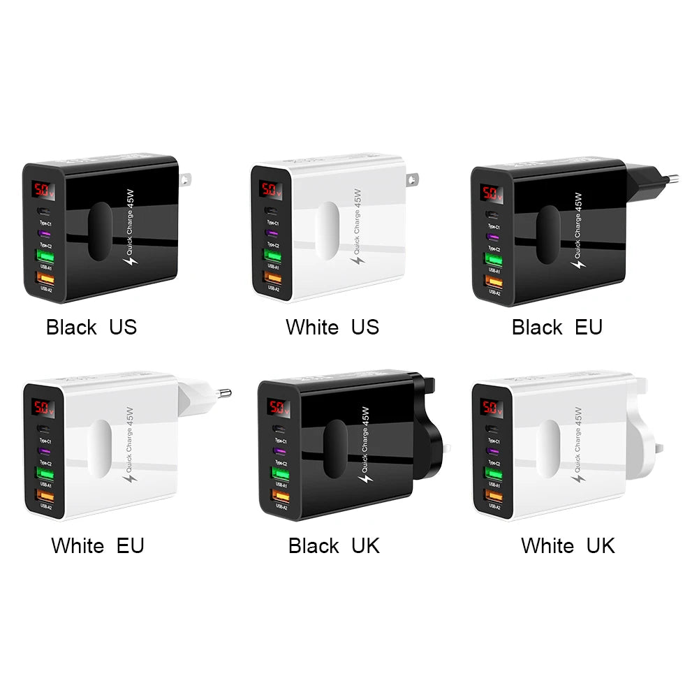 45W Multi Plug Wall Charger 2 Type-C 4 Ports Fast Charging Head Digital Display Quick Charger Head for iPhone 14 Xiaomi Samsung