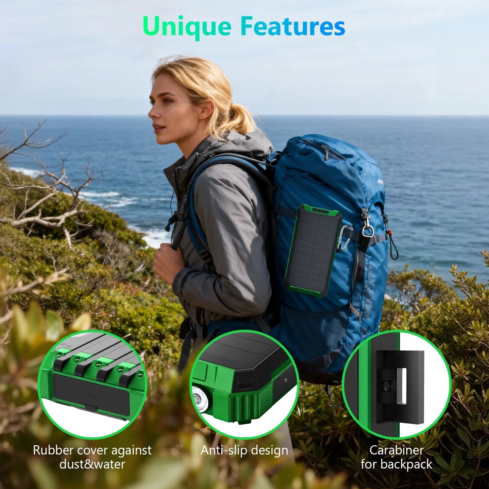 20000mAh Portable Solar Power Bank Wireless Charging 18W Dual LED Lights 4 Built-in Charging for iPhone Android Phones AirPods