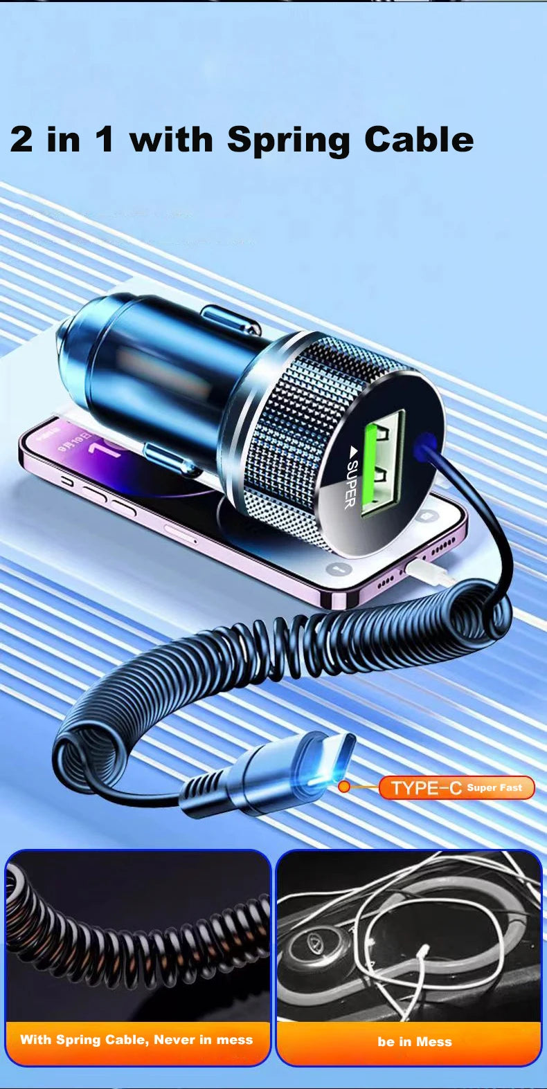 EDEBA Metal USB Car Charger with Type C Cable 12V Super Fast Charging Vehicle Adapter 2 in 1 for iPhone Samsung Huawei VIVO OPPO
